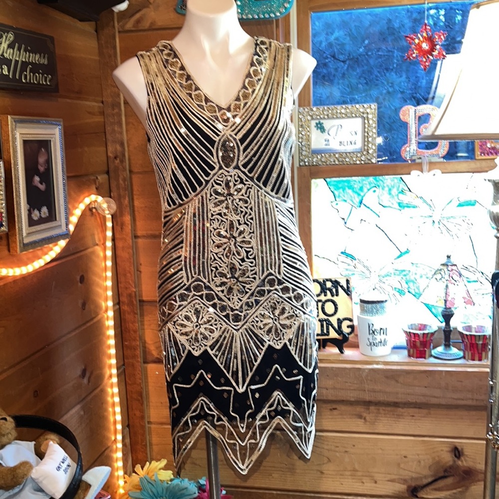 GORGEOUS STUNNING SPARKLE DRESS FORMAL size S GOLD SILVER BLACK VERY SEXY